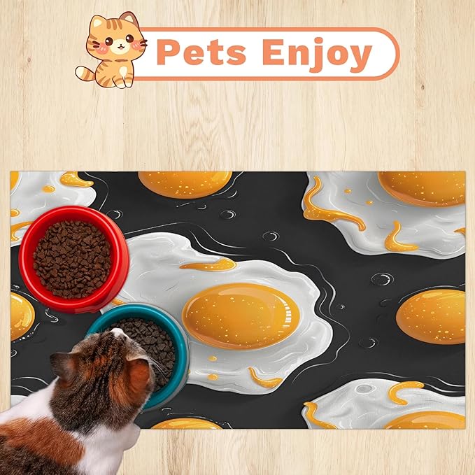 Fried Egg Dog Food Mat for Floors Absorbent Dog Bowl Mat for Food and Water Dispenser Quick Dry Cat Food Placemat Pet Supplies 12" x 20",