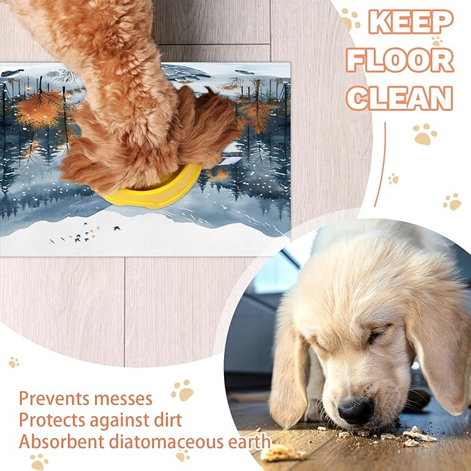 Village Dog Food Mat for Floors Absorbent, Quick Dry Water Dispenser Mat for Food, Water, Pet Supplies 12" x 20", Forest