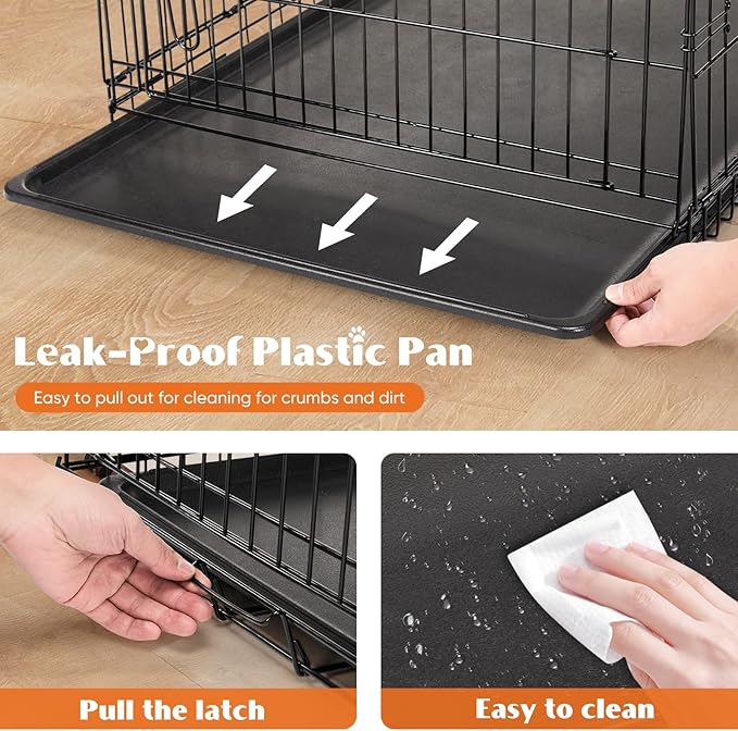Sweetcrispy 42 Inch Dog Crate, Medium Large Crates Double Door Folding Metal Wire Dog Cage with Plastic Leak-Proof Pan Tray, Pet Kennel for Indoor, Outdoor, Travel