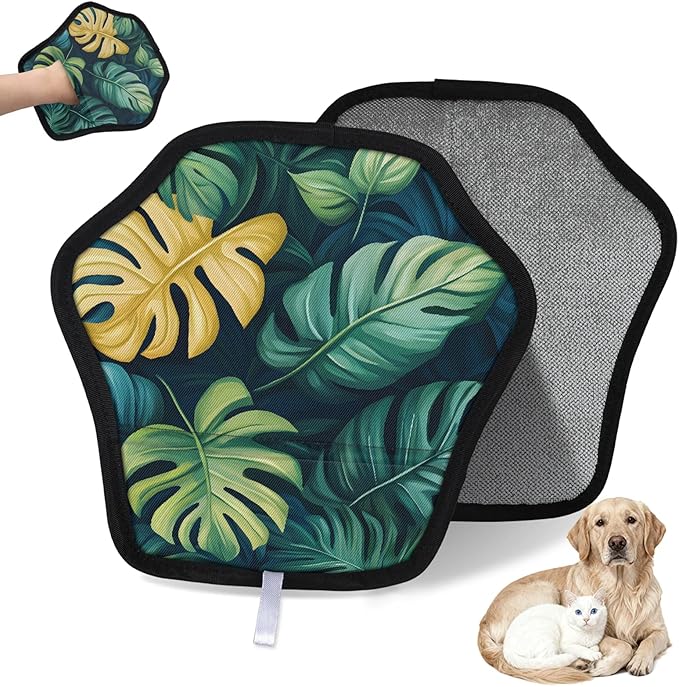 Tropical Leaves Theme Electrostatic Pet Hair Removal Glove for Cats & Dogs - Reusable Grooming Mitt for Couch, Carpet, Car Seat & Laundry - Large 9x9 Inch