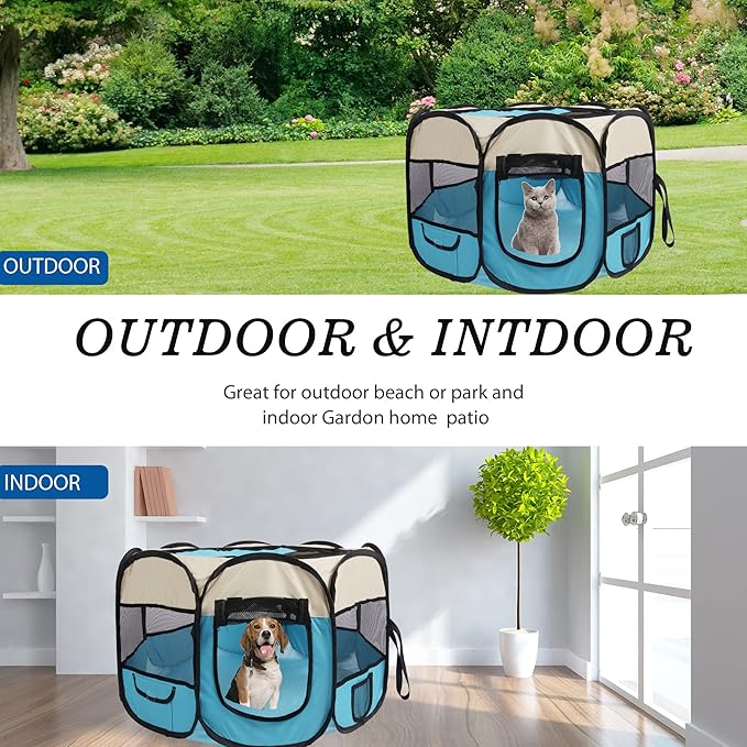 Pet Cat Playpen for Indoor Cats Enclosed,Puppy Small Dog Cat Tent Crates Cage,Portable Pet Dog Playpen,29x29x16,Blue/Beige,1Pack