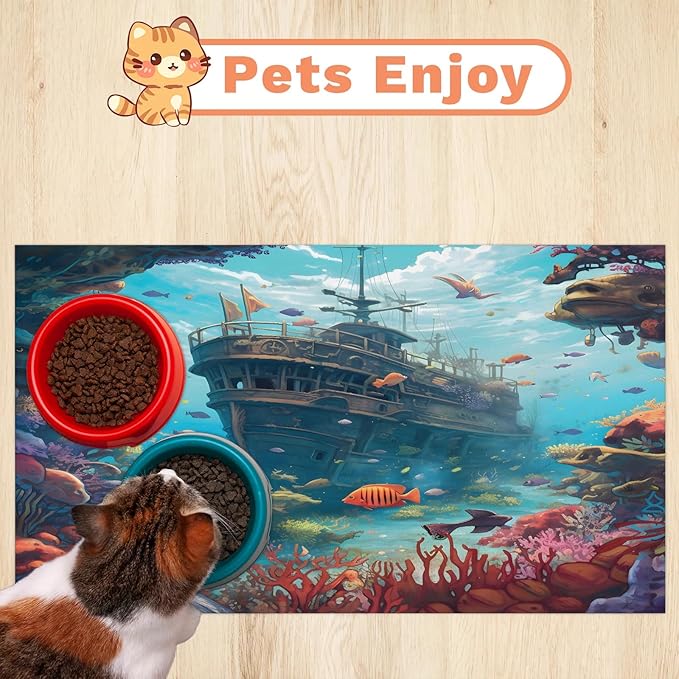 Pirate Ship Dog Food Mat for Floors Absorbent, Quick Dry Water Dispenser Mat for Food, Water, Pet Supplies 16" x 24", Ocean Sea