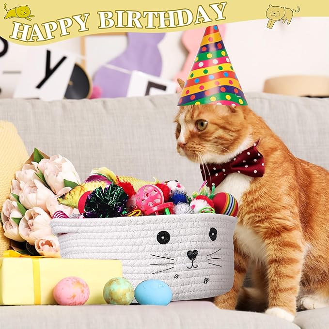Zopeal 58 Pcs Easter Cat Storage Basket Gift Toys Set, Colorful Flashing Balls Pet Bell Crinkle Balls Spring Toys Attract Cat to Swat, Hunt, Interactive for Pet(White,9.8 Inch)