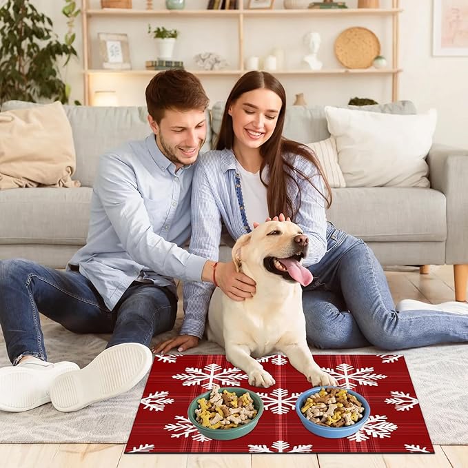 Xmas Snowflake Dog Food Mat for Floors Absorbent, Quick Dry Water Dispenser Mat for Food, Water, Pet Supplies 17" x 30", Christmas