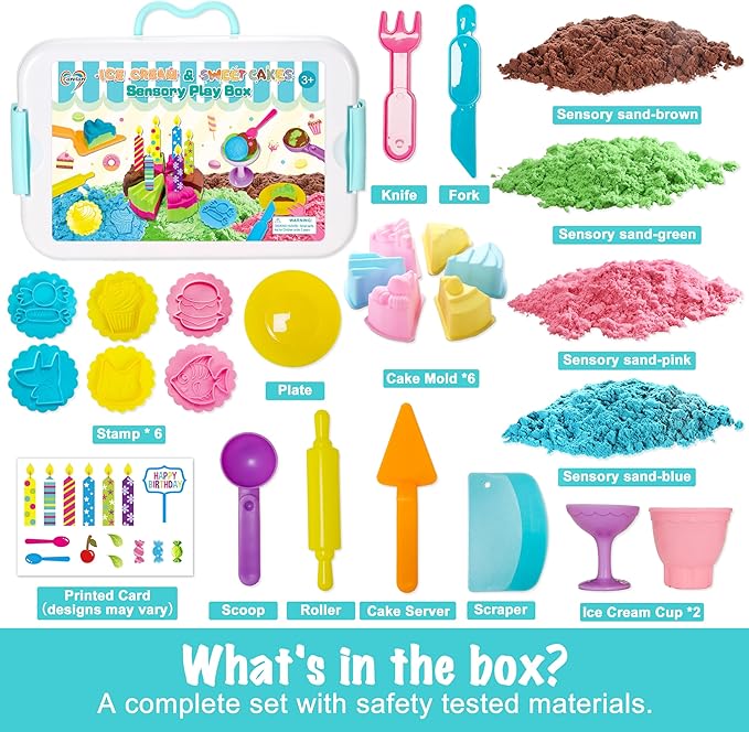Sensory Bin,Ice Cream and Cakes Sensory Kit,Kids Play Sand Kit,Sandbox with Sensory Sand Girls and Boys,Sensory Toys for Kids 3 4 5 6 Year Old