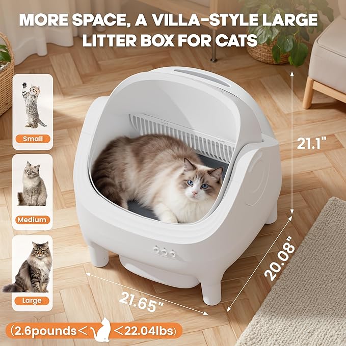 Greesum Self Cleaning Cat Litter Box – Automatic Open-Top Smart Litter Box with App Control, 15L Odor-Sealed Waste Bin, Ultra Quiet 35dB, Multi-Cat & Large Cat Compatible, with Trash Bags & Mat