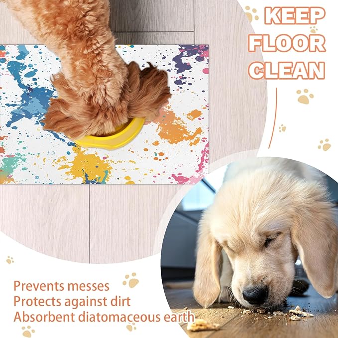 Rainbow Graffiti Dog Food Mat for Floors Absorbent Dog Bowl Mat for Food and Water Dispenser Quick Dry Cat Food Placemat Pet Supplies 17" x 30", Abstract