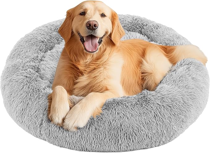 NEWBULIG 37.4x37.4 Inch Dog Bed Large Sized Dog, Donut Shape Cat Beds for Indoor Cats with Washable, Anti-Slip, Faux Fur