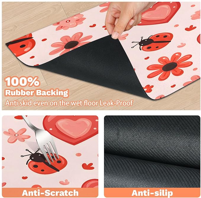 Red Ladybird Dog Food Mat for Floors Absorbent, Quick Dry Water Dispenser Mat for Food, Water, Pet Supplies 17" x 30", Spring Flower