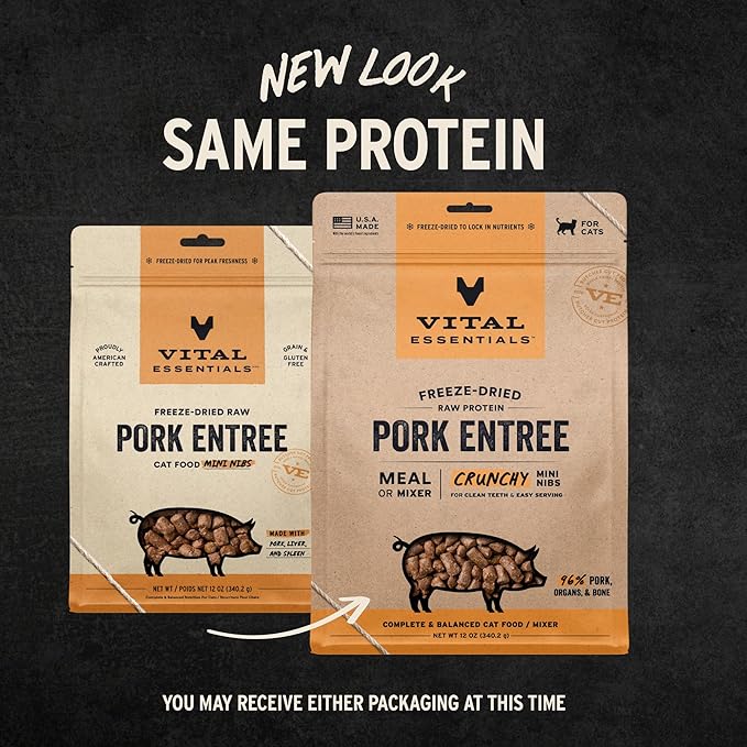 Vital Essentials Freeze Dried Cat Food, Raw Pork Crunchy Mini Nibs | Complete Meal or Topper | 96% Pork, Organs & Bone | Limited Ingredient, High Protein, Grain Free Dry Cat Food | 12 oz Bag