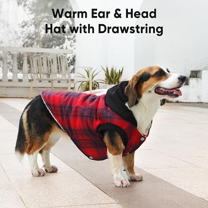 Fleece Lining Dog Hoodie for Small Dogs Extra Warm Plaid Sweater with Drawstring Hooded Coats in Winter Puppy Jacket,Red S