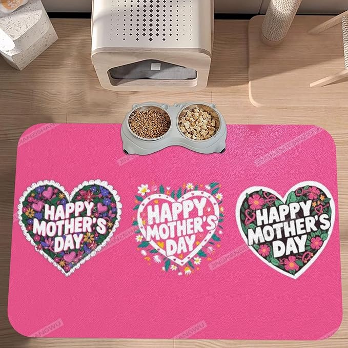 Dog Food Mat Happy Mother's Day Floral Heart Gift for Mom Bv Absorbent Water Bowl Mats Cat Pet Feeding Placemats 24x16In