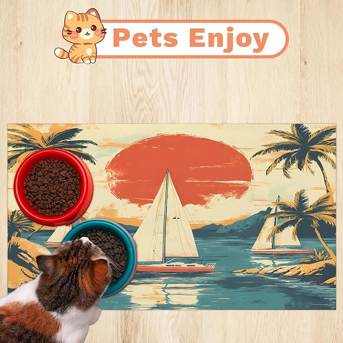 Coastal Ship Dog Food Mat for Floors Absorbent, Quick Dry Water Dispenser Mat for Food, Water, Pet Supplies 16" x 24", Sunset Palm Tree
