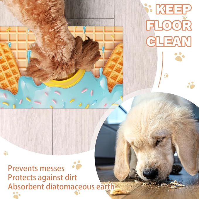 Ice Cream Dog Food Mat for Floors Absorbent Dog Bowl Mat for Food and Water Dispenser Quick Dry Cat Food Placemat Pet Supplies 12" x 20", Waffle