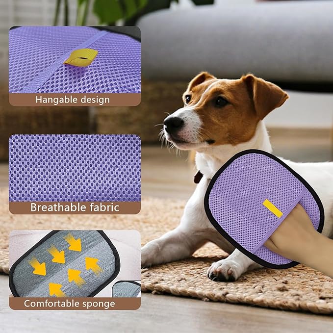 2pcs Set Pet Hair Remover Glove, Grooming Gloves for Dogs and Cats,Reusable Cat & Dog Hair Remover for Couch Furniture+Free Comb (Purple)