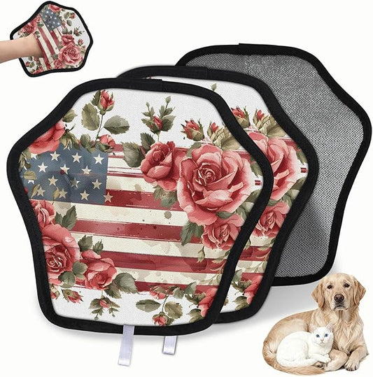 Reusable Pet Hair Removal Glove Flowers Stars Stripes Magic Brush for Cat & Dog Hair Remover for Car, Sofa, Bedding, Clothes - 9x9 Mitt Washable