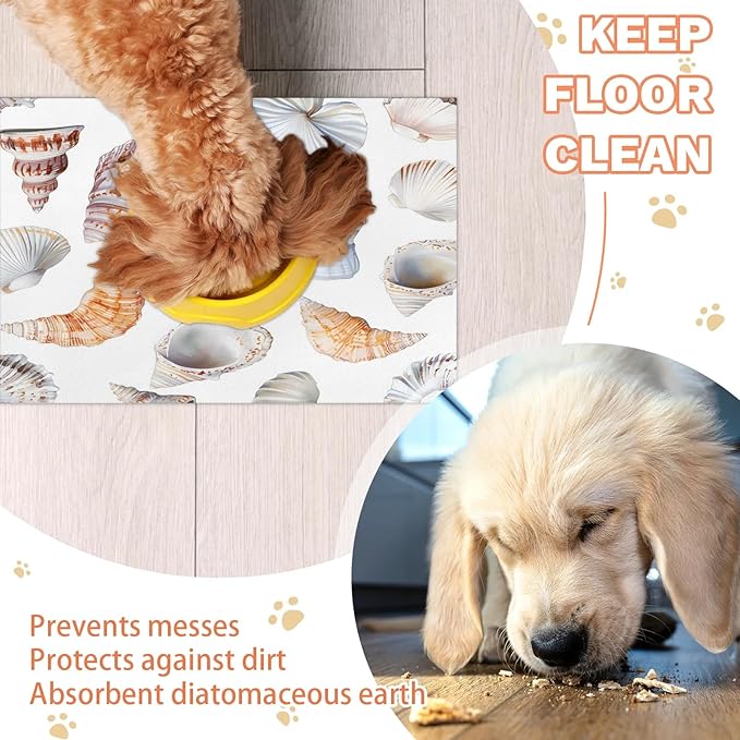Tropical Seashell Dog Food Mat for Floors Absorbent Dog Bowl Mat for Food and Water Dispenser Quick Dry Cat Food Placemat Pet Supplies 12" x 20", Nautical Coastal