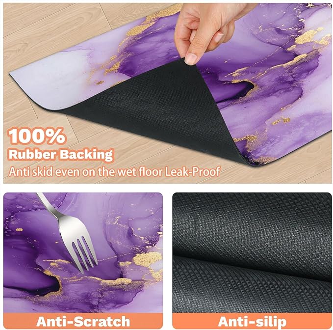 Marble Dog Food Mat for Floors Absorbent, Quick Dry Water Dispenser Mat for Food, Water, Pet Supplies 12" x 20", Purple Gold Abstract