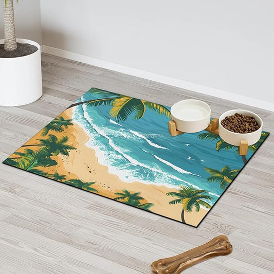 Blue Beach Dog Food Mat for Floors Absorbent, Quick Dry Water Dispenser Mat for Food, Water, Pet Supplies 24" x 32", Tropical Palm Tree