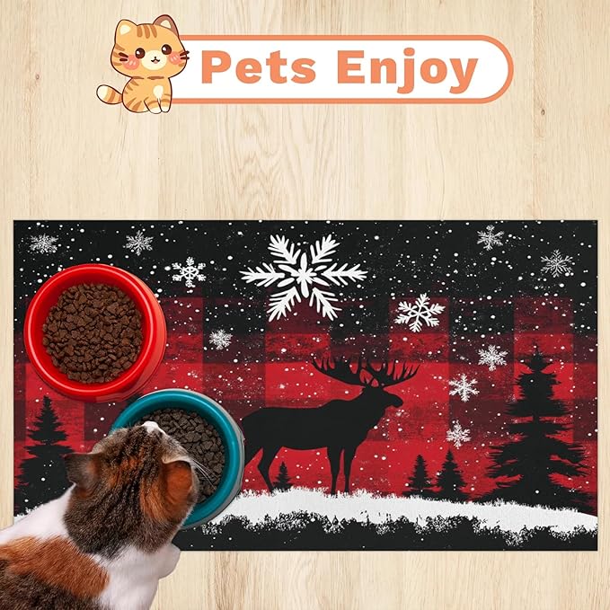 Xmas Deer Dog Food Mat for Floors Absorbent, Quick Dry Water Dispenser Mat for Food, Water, Pet Supplies 16" x 24", Christmas Snowflake