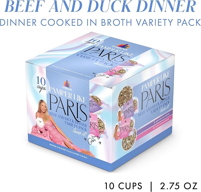 Weruva Pamper Like Paris Natural Wet Dog Food, Beef and Duck Recipes Cooked in Broth Variety Pack (2.75oz Cup, Pack of 10)