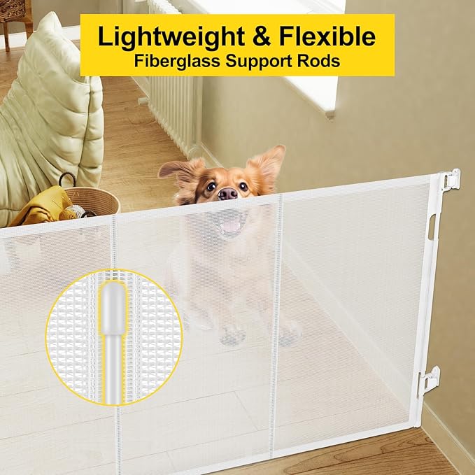 Reinforced 42” Tall x 100” Extra Wide Retractable Baby Gate for Large Openings Tall Baby Gates for Dogs Pet Gate with Rods to Prevent Crawling Through, Extra Wide Mesh Dog Gate, White