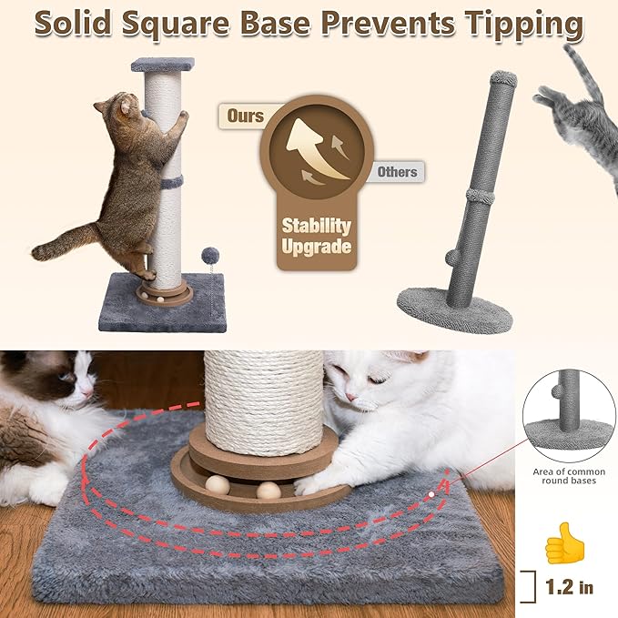Fantasreen Cat Scratching Post 33 Inches Large and Thick, Cat Scratcher Post Sisal Rope with Hanging Ball, Playground for Indoor Cats and Adult, Grey