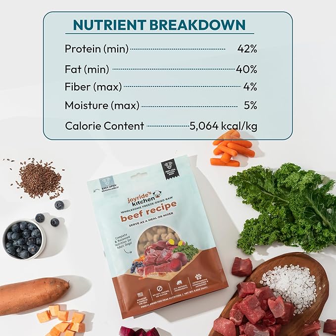 Joyride's Kitchen Freeze-Dried Raw Beef Dog Food – USA Sourced and Made – High-Protein, All-Natural Freeze Dried Meal or Topper, Human Grade - Perfect for Picky Eaters, Veterinarian Formulated