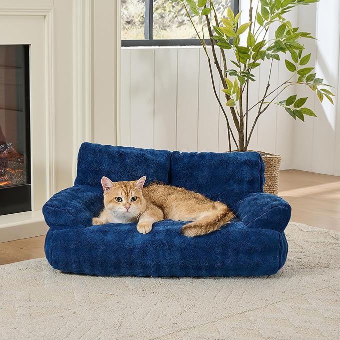 Cat Couch Bed, Cute Soft Pet Sofa for Indoor Cats Kittens Puppies with Removable Washable Cover, 26"x15", Navy Blue
