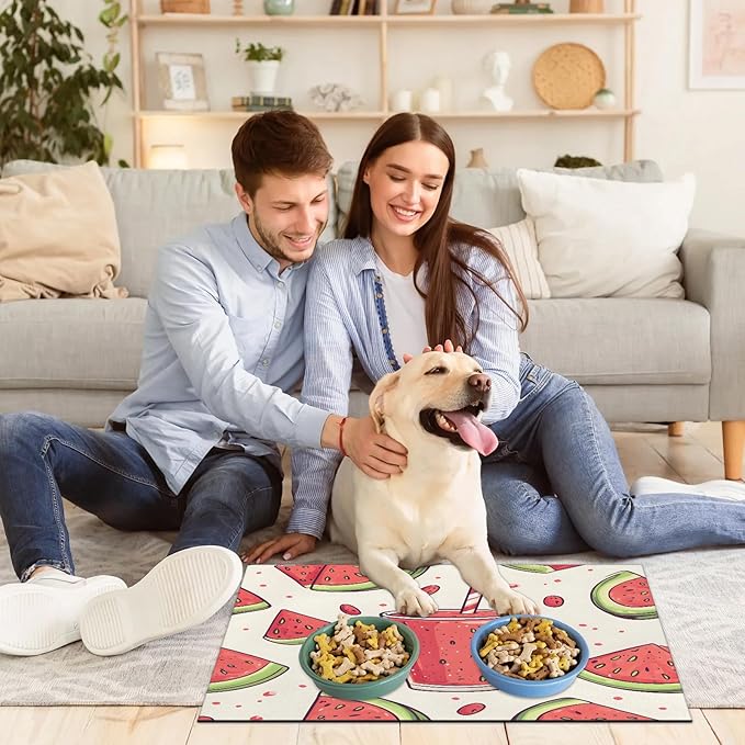 Watermelon Juice Dog Food Mat for Floors Absorbent Dog Bowl Mat for Food and Water Dispenser Quick Dry Cat Food Placemat Pet Supplies 16" x 24", Summer Fruit