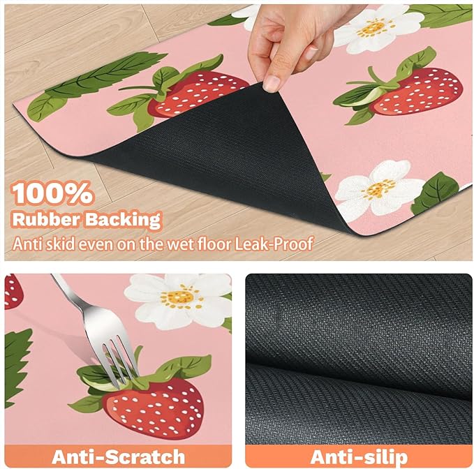 Strawberry Fruit Dog Food Mat for Floors Absorbent Dog Bowl Mat for Food and Water Dispenser Quick Dry Cat Food Placemat Pet Supplies 17" x 30", Spring Floral