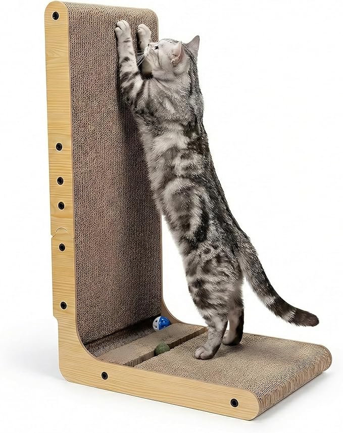 Cuddly Co L Shaped Cat Scratcher Cardboard - 26.8" Vertical Scratching Post for Indoor Cats, Wall Mounted Lounge Pad & Sofa Furniture Protector, Large High Density Recyclable Board with Ball Toy