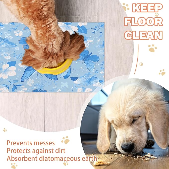 Blue Butterfly Dog Food Mat for Floors Absorbent, Quick Dry Water Dispenser Mat for Food, Water, Pet Supplies 16" x 24", Spring Flower