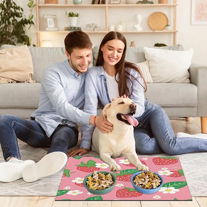 Strawberry Fruit Dog Food Mat for Floors Absorbent Dog Bowl Mat for Food and Water Dispenser Quick Dry Cat Food Placemat Pet Supplies 12" x 20", Cute Floral