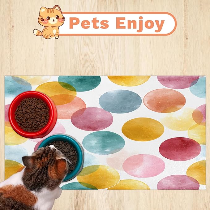 Polka Dot Dog Food Mat for Floors Absorbent Dog Bowl Mat for Food and Water Dispenser Quick Dry Cat Food Placemat Pet Supplies 24" x 32", Colorful Abstract
