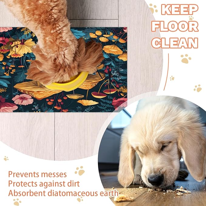 Mushroom Dog Food Mat for Floors Absorbent Dog Bowl Mat for Food and Water Dispenser Quick Dry Cat Food Placemat Pet Supplies 16" x 24", Forest Theme