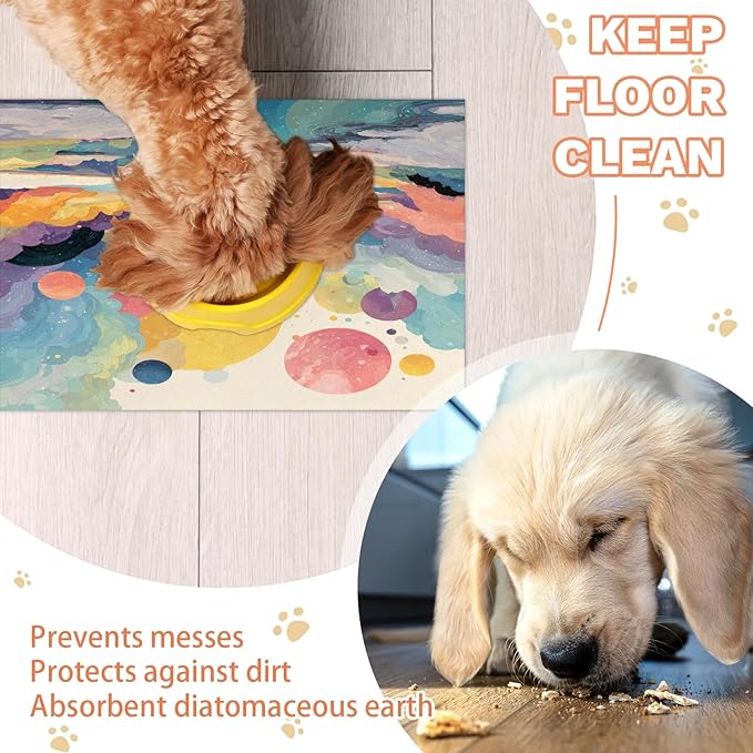 Colorful Mountain Dog Food Mat for Floors Absorbent, Quick Dry Water Dispenser Mat for Food, Water, Pet Supplies 12" x 20", Polka Dots