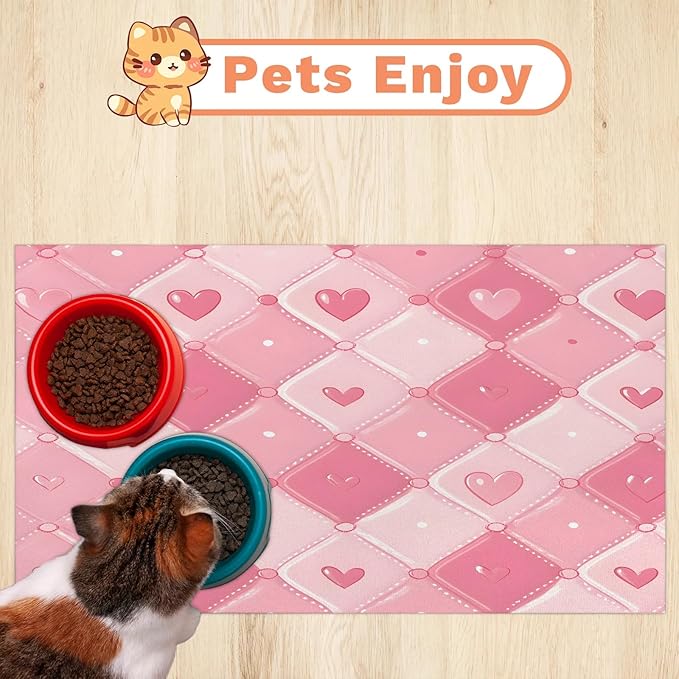 Love Heart Dog Food Mat for Floors Absorbent, Quick Dry Water Dispenser Mat for Food, Water, Pet Supplies 12" x 20", Ringge Plaid