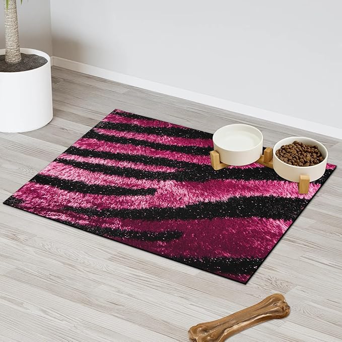 Tiger Skin Dog Food Mat for Floors Absorbent Dog Bowl Mat for Food and Water Dispenser Quick Dry Cat Food Placemat Pet Supplies 16" x 24", Pink Tiger Print