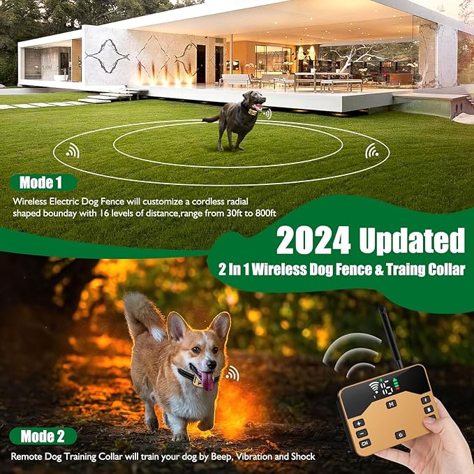 Wireless Dog Fence，Electric Dog Fence Wireless System & Training Collar,2-in-1 Wireless Safe Boundary,Adjustable Pet Containment Fence System,Rechargeable Collar for Dogs.（Gold） (Extra Collar)
