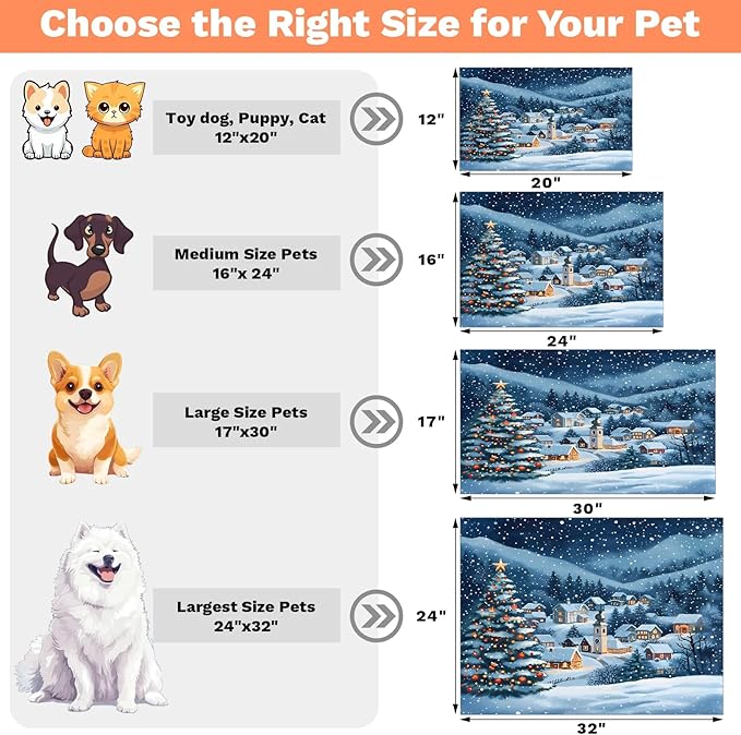 Snowy Countryside Dog Food Mat for Floors Absorbent, Quick Dry Water Dispenser Mat for Food, Water, Pet Supplies 12" x 20", Merry Christmas