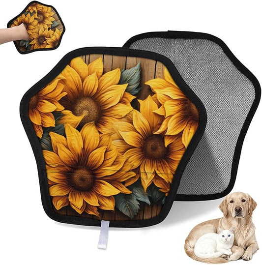 Reusable Pet Hair Removal Glove Sunflowers Blossoming Magic Brush for Cat & Dog Hair Remover for Car, Sofa, Bedding, Clothes - 9x9 Mitt Washable
