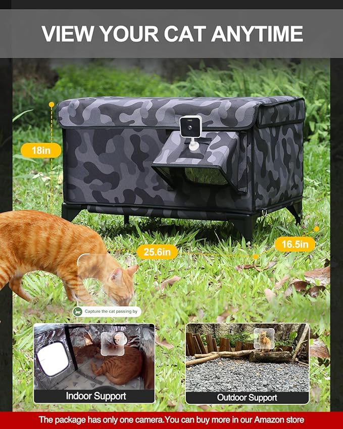 Heated Cat House for Outside,Dual Camera Mounts,100% Weatherproof & Extremely Insulated,Elevated Feral Cat Shelter with Escape Door,Waterproof Eaves for Outdoor Stray Barn Cat(Dark Camo,M)