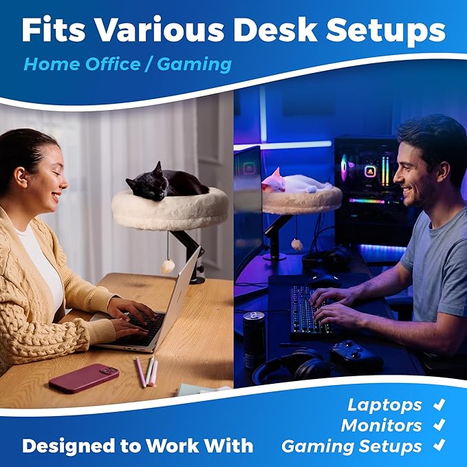 PetLovers Cat Desk Bed - Plush Elevated Desk Bed Attachment with Removable Washable Cushion, 360° Swivel Arm, Secure Clamp - Keeps Your Cat Close While You Work or Play