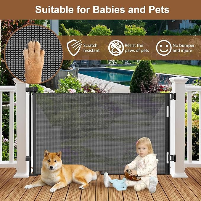 Weatherproof Outdoor Retractable Baby Gates for Decks with No Rust Screws and Rods, 72" Wide Waterproof Outdoor Baby Gate, 6 ft Scratch-Resistant Mesh Retractable Dog Gate for Parents and Pet Owners