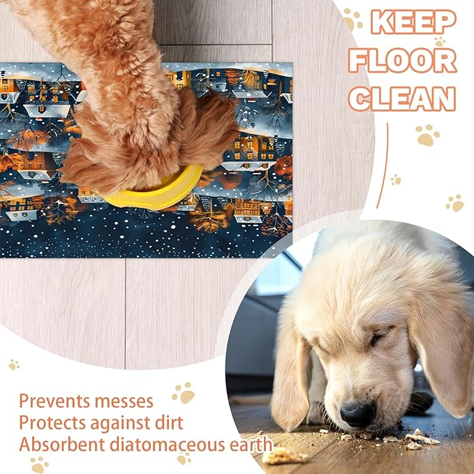 Village House Dog Food Mat for Floors Absorbent, Quick Dry Water Dispenser Mat for Food, Water, Pet Supplies 16" x 24", Winter Forest