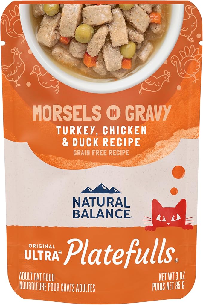 Natural Balance Original Ultra Platefulls Adult Grain-Free Wet Cat Food, Turkey, Chicken & Duck Recipe in Gravy, 3 oz (Pack of 24)