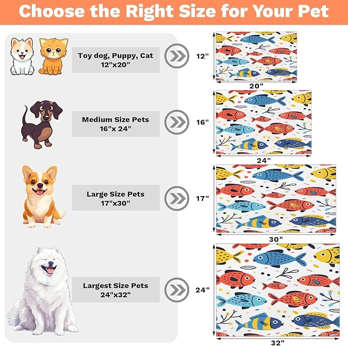 Colorful Fish Dog Food Mat for Floors Absorbent Dog Bowl Mat for Food and Water Dispenser Quick Dry Cat Food Placemat Pet Supplies 17" x 30", Ocean
