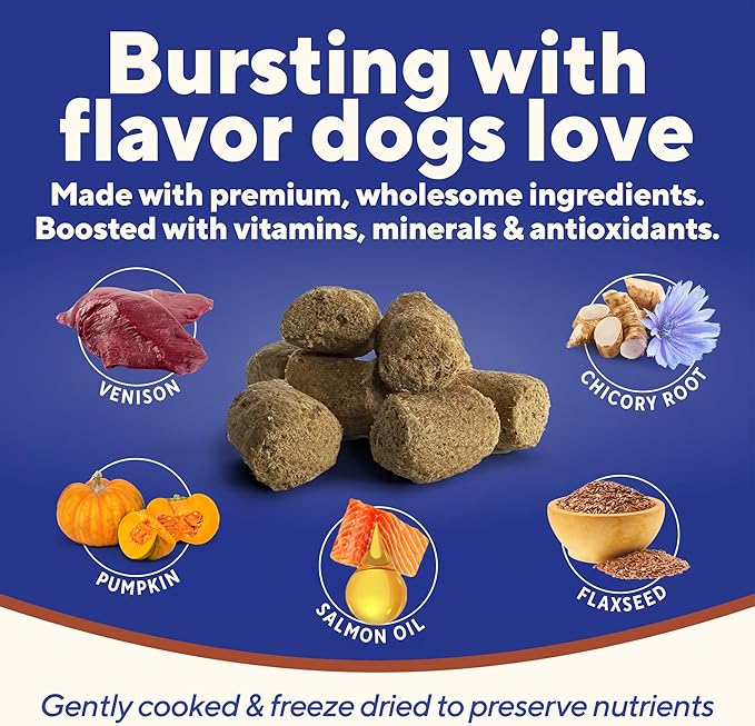 Dave's Pet Food Freeze Dried Venison Treats for Dogs with Pumpkin Fiber & Probiotics, Easy to Digest, Complete & Balanced Nutritious, Freeze Dried Dog Food Topper, USA Made (10 oz)