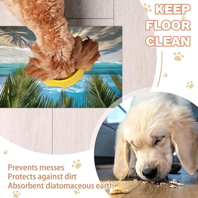Tropical Beach Dog Food Mat for Floors Absorbent, Quick Dry Water Dispenser Mat for Food, Water, Pet Supplies 16" x 24", Summer Seaside